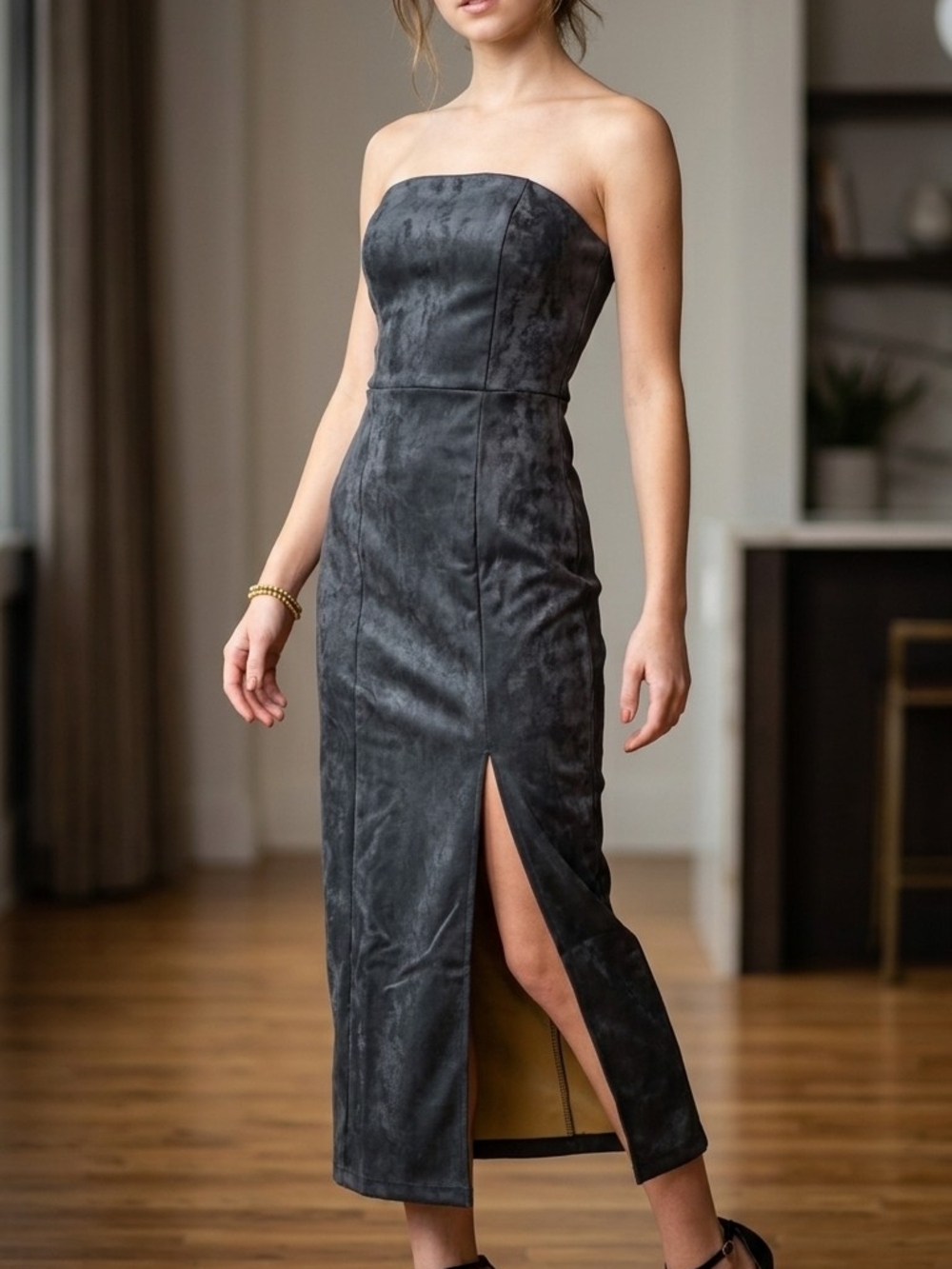 Strapless Black  Dress with Front Slit metallic luster, wet-look finish